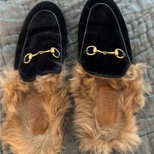 Gucci Black Velvet Mules with Gold Horsebit and Brown Fur